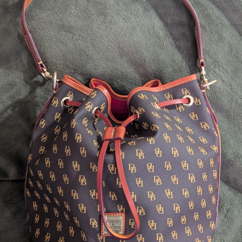 SOLD- Dooney & Bourke Navy and Tan Monogram Shoulder Bag